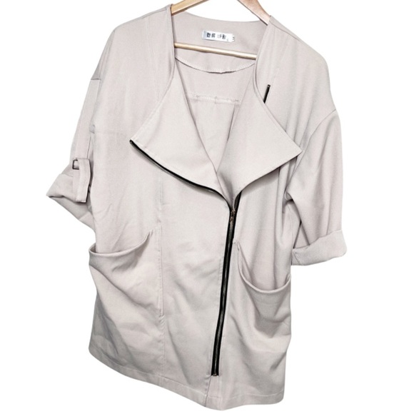 3/4 Sleeve Tan Solid Color Wide Collar Relaxed Duster Trench Coat Suit Jacket - Picture 4 of 16